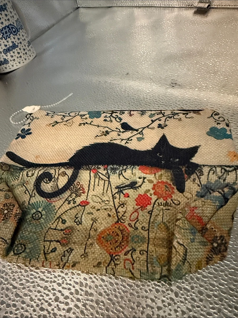 SHEIN Cat-Themed Canvas Make up Pouch - Beige with Black Cat Print